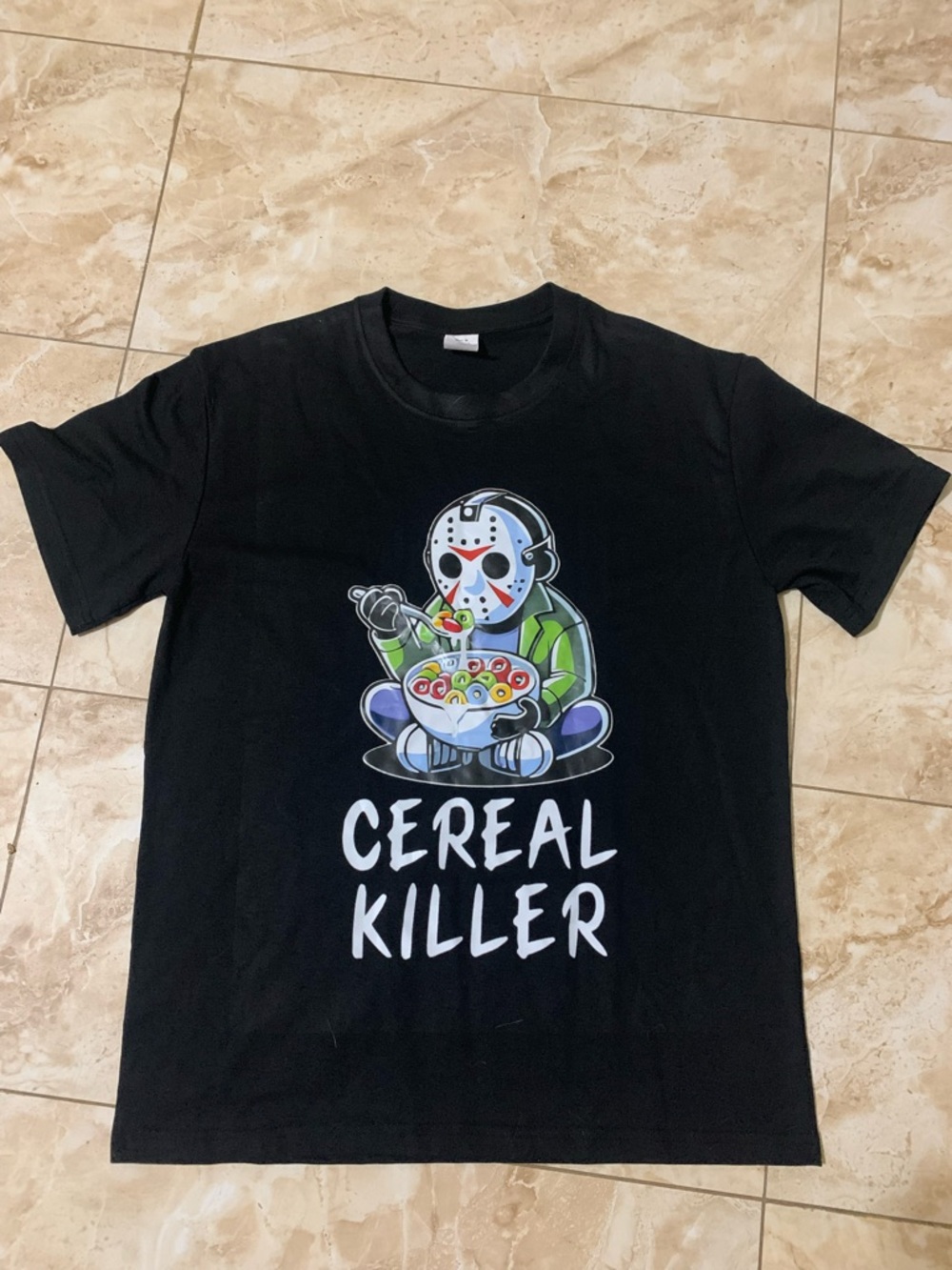 Amazon Kids Black Graphic Tee with Multicolor Cereal Murderer Design
